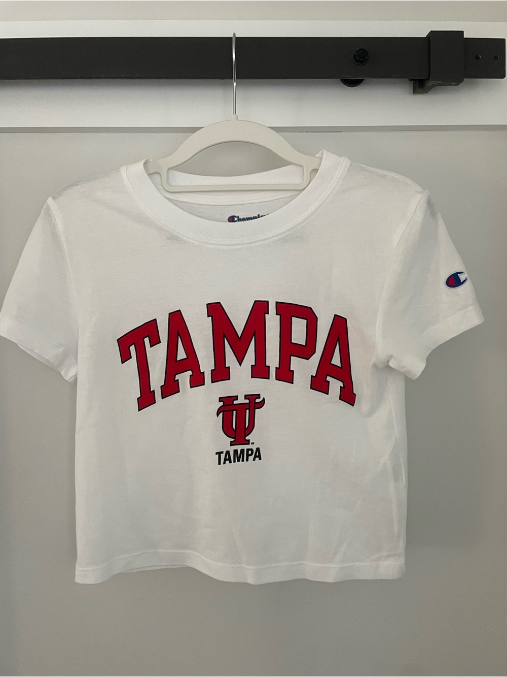 Champion University of Tampa White Crop Tee with Red UT Tampa Logo